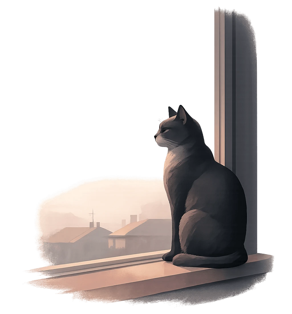 Kot obserwujący świat z parapetu w minimalistycznej ilustracji. Blog o codzienności widziany kocim okiem – minimalistyczna ilustracja kota